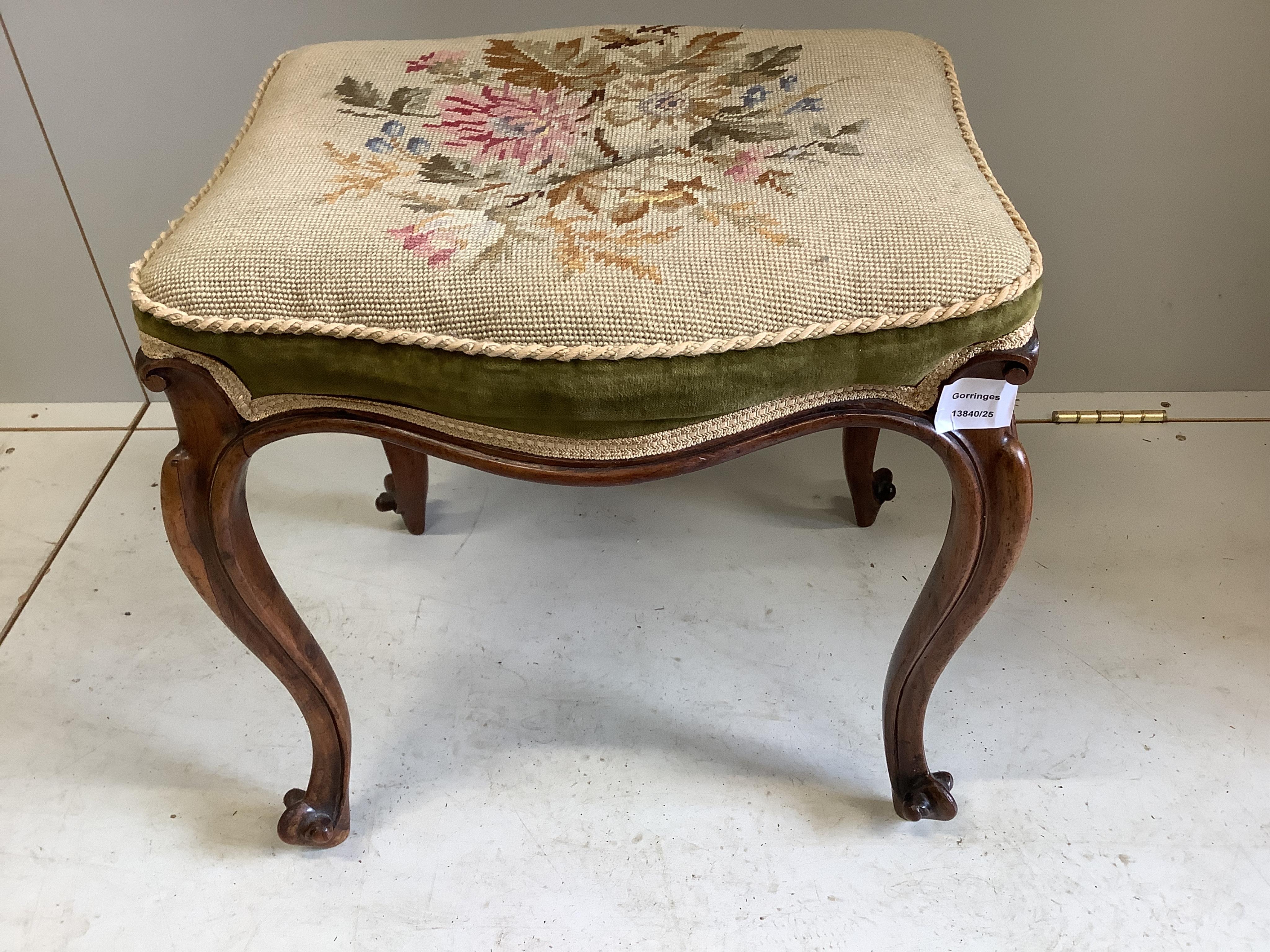 A Victorian walnut dressing stool, width 47cm, height 46cm. Condition - good